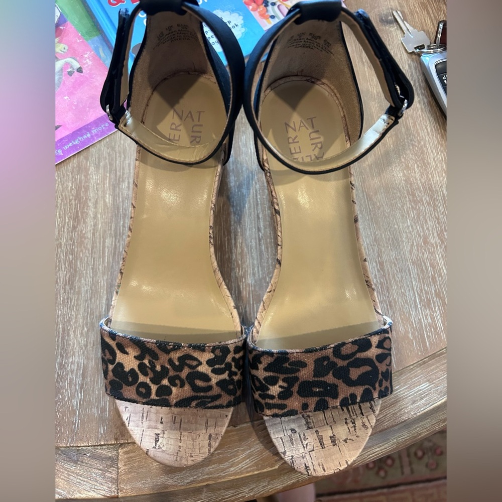 Naturalizer Leopard Print Cork Wedge Sandals